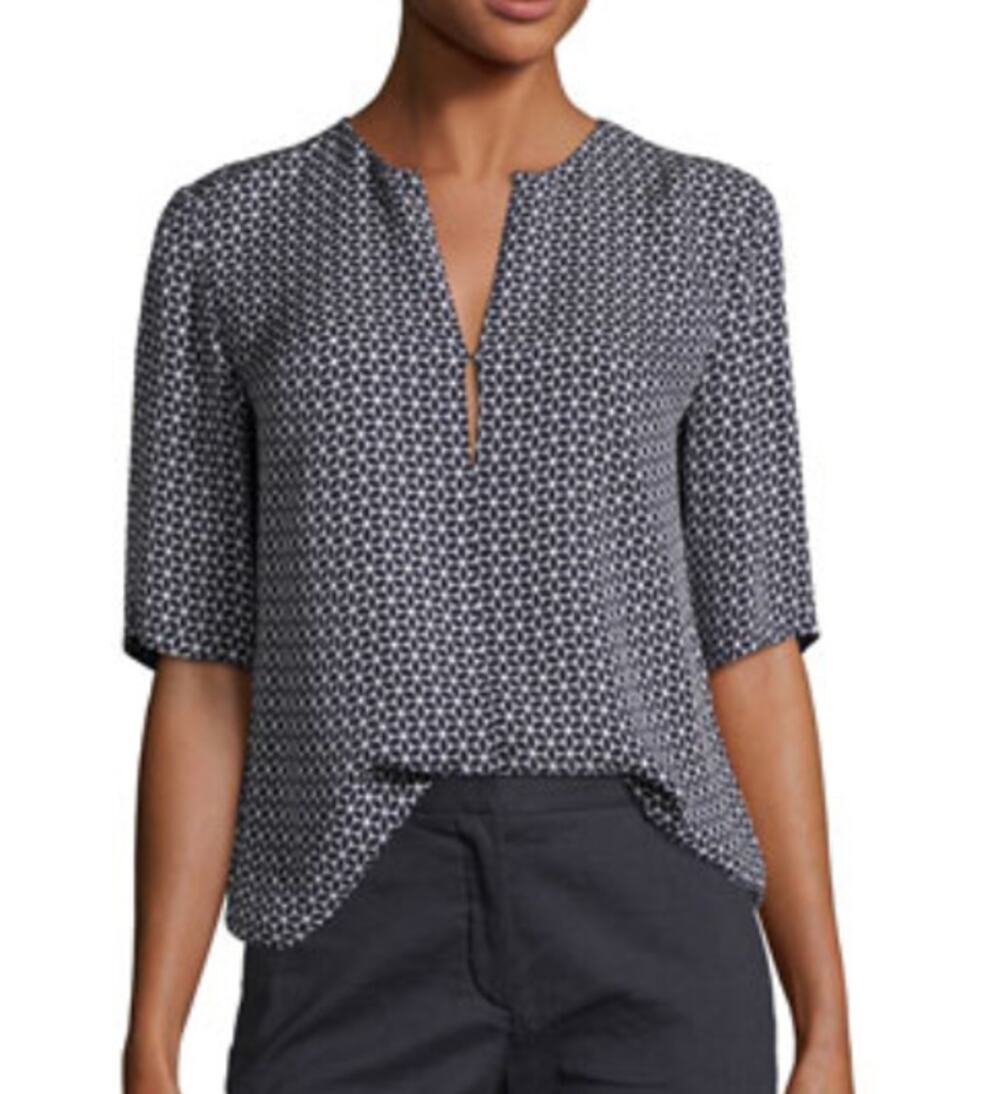 Antazie Silk Keyhole Top Tile Geo Geometric Design Silk Blouse Size P